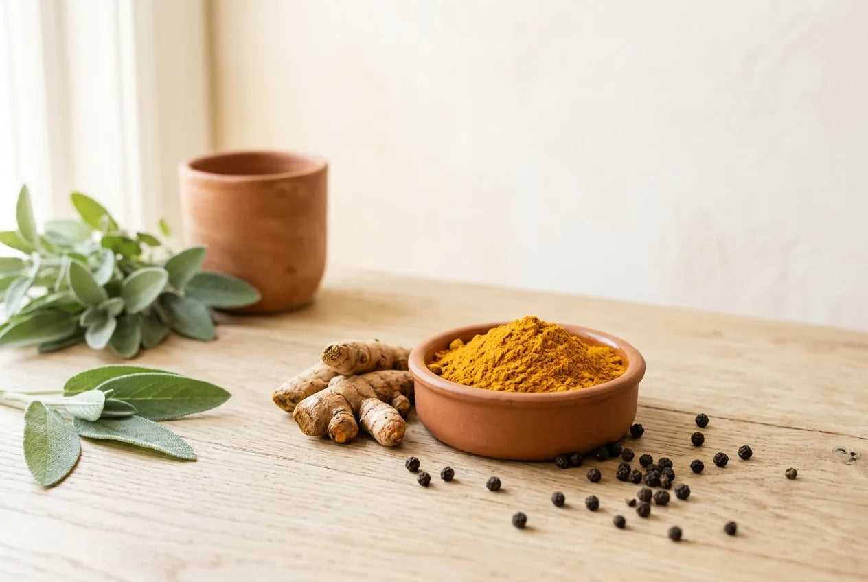 Turmeric root, powder and black peppercorns in daylight