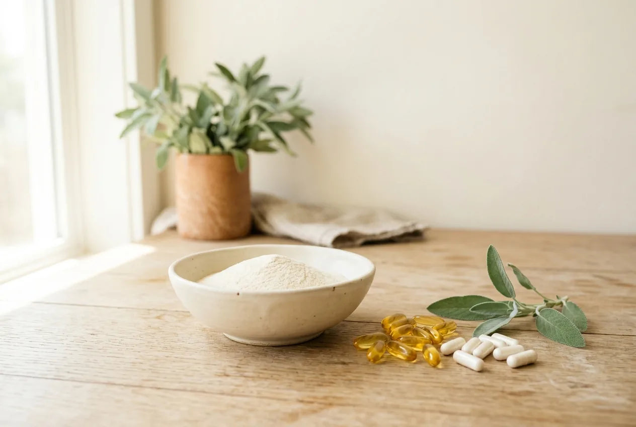Collagen powder, omega-3 softgels and capsules in daylight